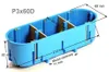 A blue plastic electrical junction box with internal wooden dividers, shown with dimensions indicated by measurement lines and text. Produktbild-Vorschau