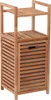 A wooden bathroom shelf unit with a slatted design and a built-in laundry basket. Produktbild-Vorschau