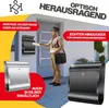 A mailman delivering mail to a house with a mailbox. The image also features product shots of mailboxes and promotional text. Produktbild-Vorschau