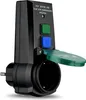 A black electrical safety device with green and blue buttons, and an open green cover revealing an outlet. Náhľad obrázku produktu