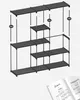 An exploded view of a modular shelving unit, with labels for parts, and an open instruction manual in the foreground. Náhled obrázku produktu