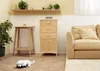 A living room scene with a wooden chest of drawers, a side table with a candle, a sofa, and a plant. A puppy is lying on the floor. Produktbild-Vorschau