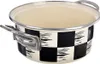 A close-up, studio shot of a black and white checkered enamel pot with silver handles. Produktbild-Vorschau