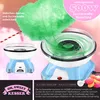 A collage showing a blue and white retro-style candy floss machine, with green candy floss being produced and wrapped around a stick. Text overlays describe the product's features and capabilities. Produktbild-Vorschau