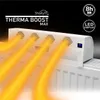 A white radiator fan booster is shown attached to a radiator, with orange heat waves emanating from it. Produktbild-Vorschau