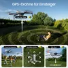 A drone is shown flying in the sky, with a person sitting on a chair in a park using a laptop. Below, there are three smaller images showcasing different features of the drone. Produktbild-Vorschau