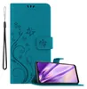 A teal flip phone case with a floral and butterfly design is shown open, with a smartphone inside. Náhled obrázku produktu