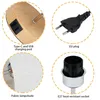 A collage of four close-up images showcasing different parts of a lamp, including its charging ports, plug, lampshade, and bulb socket. Produktbild-Vorschau