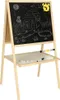 A wooden easel with a chalkboard and a whiteboard, showing drawings on the chalkboard and markers on the whiteboard. Podgląd zdjęcia produktu