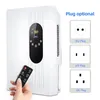 A white air purifier/dehumidifier with a remote control and plug options displayed. Produktbild-Vorschau