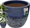 A large, dark blue ceramic planter with a textured gray base, shown with a small green plant in a smaller matching pot in the foreground. Náhled obrázku produktu