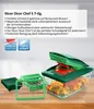 A kitchen counter with a vegetable dicer and chopped vegetables. Voir les images du produit