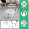 A collage of images showing a shower stool with its features highlighted, including a person assembling it. Podgląd zdjęcia produktu