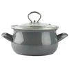 A gray enamel pot with a glass lid and silver handles is shown against a white background. Podgląd zdjęcia produktu