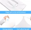 Close-up views of white arm sleeves, highlighting features like finger joint reinforcement, elasticity, and durability. Produktbild-Vorschau
