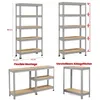 A collage of images showing different configurations and dimensions of a metal shelving unit with wooden shelves. Produktbild-Vorschau