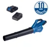 A blue and black leaf blower with two batteries and a charger, set against a white background, with a "10 Jahre Garantie" badge. Podgląd zdjęcia produktu
