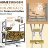 A collage of images showing a metal firewood rack with dimensions and details, and also showing the rack filled with firewood. Podgląd zdjęcia produktu