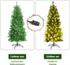 A split image showing a green artificial Christmas tree with lights off on the left and the same tree with warm white LED lights on the right. A power adapter and string lights are shown in a circular graphic between the two tree images. Voir les images du produit