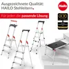 A collection of Hailo stepladders displayed on a white background with marketing text and awards. Produktbild-Vorschau