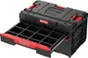 A black and red Qbrick System ONE Drawer 2 Plus Toolbox 2.0 with its drawer pulled out, showing multiple compartments. Produktbild-Vorschau