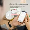 A person is holding a smartphone and interacting with a smart home device, demonstrating remote control capabilities. Produktbild-Vorschau