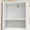 A close-up view of the inside of a white cabinet, showing two shelves and a metal hook attached to the top shelf. Produktbild-Vorschau