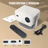 A white mini projector with its accessories, including a remote control, manual, and power cord, laid out on a light brown surface. Interface icons are shown at the bottom. Produktbild-Vorschau