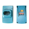 A product shot of a battery charger and a battery adapter, presented side-by-side on a white background. Produktbild-Vorschau