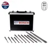 A Bosch hammer drill bit and chisel set is displayed in a silver and black carrying case, with the bits laid out in front of the case. Podgląd zdjęcia produktu