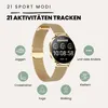 A smartwatch is displayed with icons and text indicating various sport modes and activities it can track. Produktbild-Vorschau