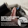 A close-up of a hand holding a black lid under running water, with text overlays describing its features. Náhľad obrázku produktu