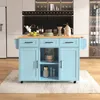 A light blue kitchen island with a wooden countertop is shown in a kitchen setting. Produktbild-Vorschau