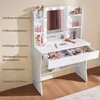 A white vanity table with a mirror and LED lights, featuring various makeup products and storage compartments. Produktbild-Vorschau