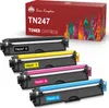 Four toner cartridges are stacked diagonally in front of a product box. Produktbild-Vorschau