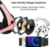 An exploded view of a pink and black earphone, with musical notes and computer screens in the background. Produktbild-Vorschau