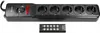 A black power strip with five outlets and a remote control are shown against a white background. Produktbild-Vorschau