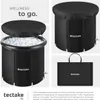 A collage of images showing a black collapsible ice bath tub with its lid, a side view of the tub, and a folded bag. Náhled obrázku produktu