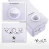 A collage of images showing a white LED outdoor wall light with a motion sensor, including close-ups of the sensor and control dials. Produktbild-Vorschau