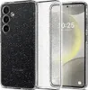 A clear, professional shot of a phone case with glitter, placed next to a phone screen showing the time and date. Produktbild-Vorschau