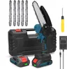 A set of tools for cutting wood, including a mini chainsaw, batteries, chains, a charger, a storage case, and a screwdriver, arranged on a white background. Produktbild-Vorschau