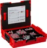 An open red toolbox containing various types of wall anchors and screws, with an informational sheet inside the lid. Náhled obrázku produktu