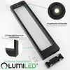 A product image showing a black rectangular outdoor lamp with callouts highlighting its features and materials. Anteprima dell’immagine prodotto
