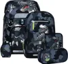 A collection of school bags and accessories with a dinosaur camouflage print.