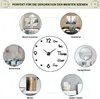 A collage of images showing a wall clock in different home decor settings. Produktbild-Vorschau