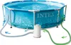 An Intex swimming pool with a pump and hoses connected, illustrating water circulation. Produktbild-Vorschau