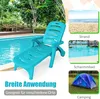 A turquoise lounge chair is shown next to a swimming pool, with smaller images of a beach, a swimming pool, and a tent. Produktbild-Vorschau