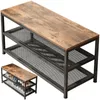 A shoe rack with a wooden top and metal mesh shelves, shown from a slightly elevated angle. Podgląd zdjęcia produktu