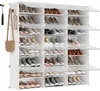 A multi-tiered white shoe rack filled with various shoes, with a purse and umbrella hanging on the side. Produktbild-Vorschau