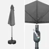A collage of three images showing a closed umbrella with its base, the underside of an open umbrella, and a close-up of the umbrella's crank mechanism. Produktbild-Vorschau